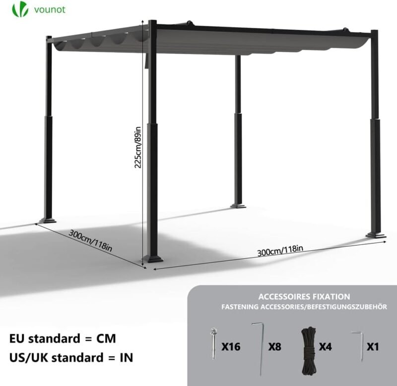 VOUNOT Pérgola Autoportante con Techo Retráctil 3x3m, Carpa Cenador Estructura Metálica, Lona Corredera Poliéster 180g/m², Refugio Pabellón de Jardín Diseño Elegante para Terraza Patio Exterior Gris - Imagen 3