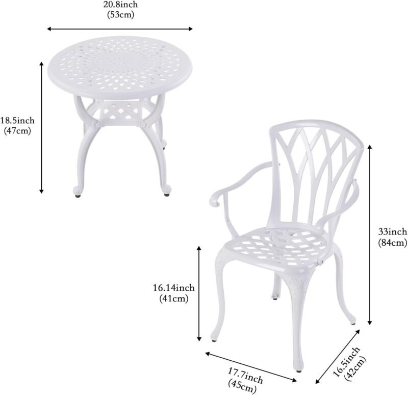 Jardin DE CENTENNAIL 3-Piece Outdoor Bistro Set Cast Aluminum Rust-Resistant Patio Furniture Armchairs Design (White) - Imagen 2