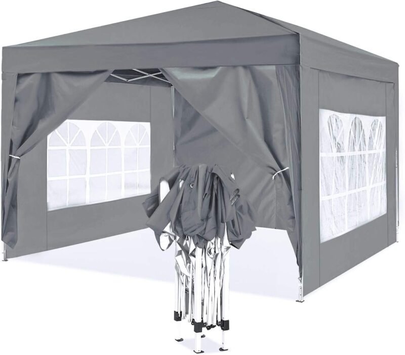 ISE Carpa de Jardín de 3 x 3 m Plegable, Cenador Robusto Impermeable, Garden Tent Resistente al Agua con 4 Paredes Laterales para Reception, Fiesta, Camping, Festival, Cerveza, Gris