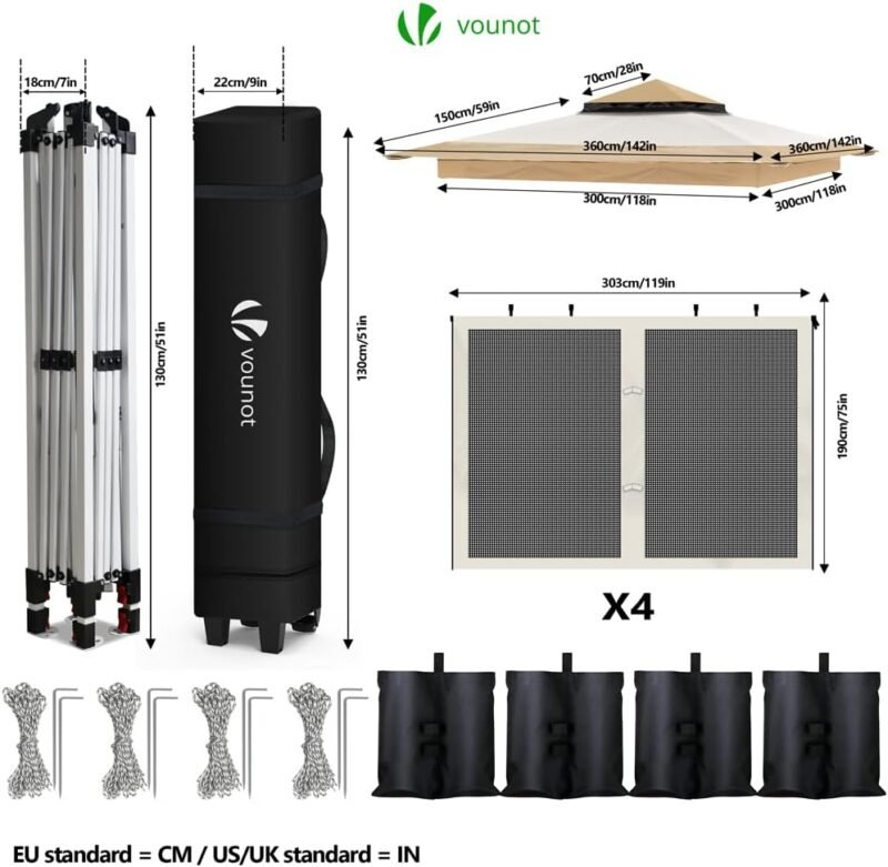 VOUNOT Carpa Plegable Gazebo 3.6x3.6m con Laterales de Malla, Cenador Pabellón Pop Up de Jardín Techo Doble y Bolsas de Arena, Protección UV, para Camping, Fiestas, Exterior, Beige - Imagen 4