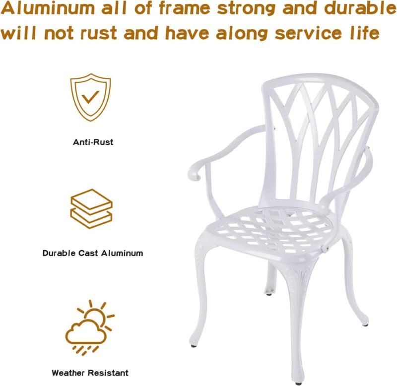 Jardin DE CENTENNAIL 3-Piece Outdoor Bistro Set Cast Aluminum Rust-Resistant Patio Furniture Armchairs Design (White) - Imagen 6