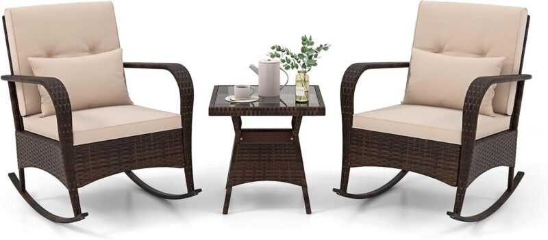 Tangkula 3 Pieces Rocking Bistro Set, Patiojoy Outdoor PE Rattan Rocker Chairs with Removable Cushions & Tempered Glass Top Coffee Table, Outdoor Wicker Furniture Set for Porch, Garden (Brown)