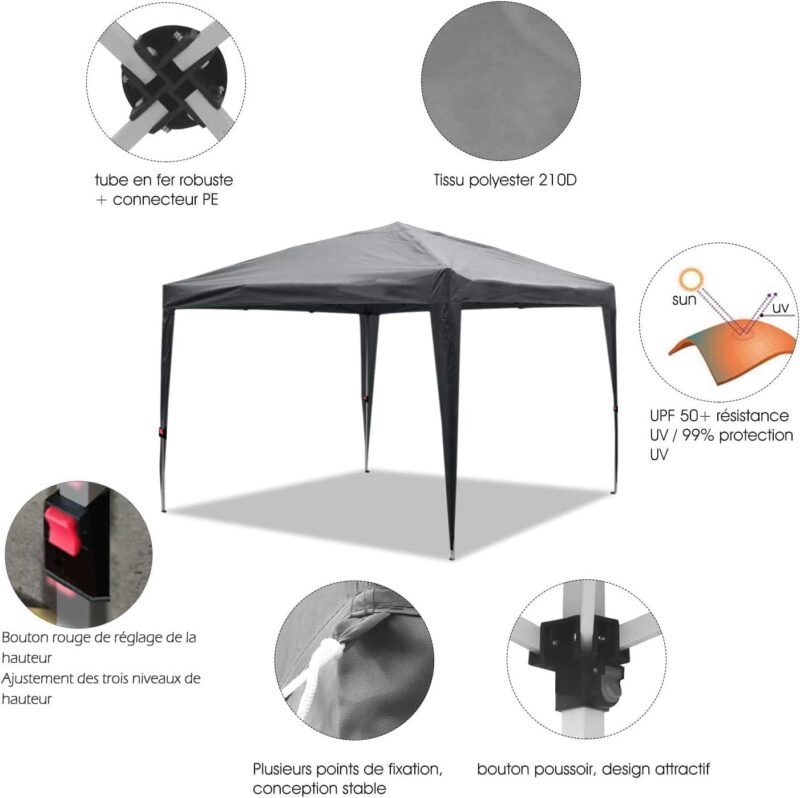 ISE Carpa de Jardín de 3 x 3 m Plegable, Cenador Robusto Impermeable, Garden Tent Resistente al Agua con 4 Paredes Laterales para Reception, Fiesta, Camping, Festival, Cerveza, Gris - Imagen 2