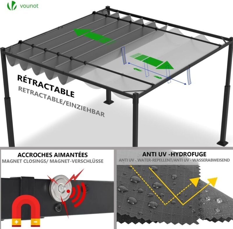 VOUNOT Pérgola Autoportante con Techo Retráctil 3x3m, Carpa Cenador Estructura Metálica, Lona Corredera Poliéster 180g/m², Refugio Pabellón de Jardín Diseño Elegante para Terraza Patio Exterior Gris - Imagen 4