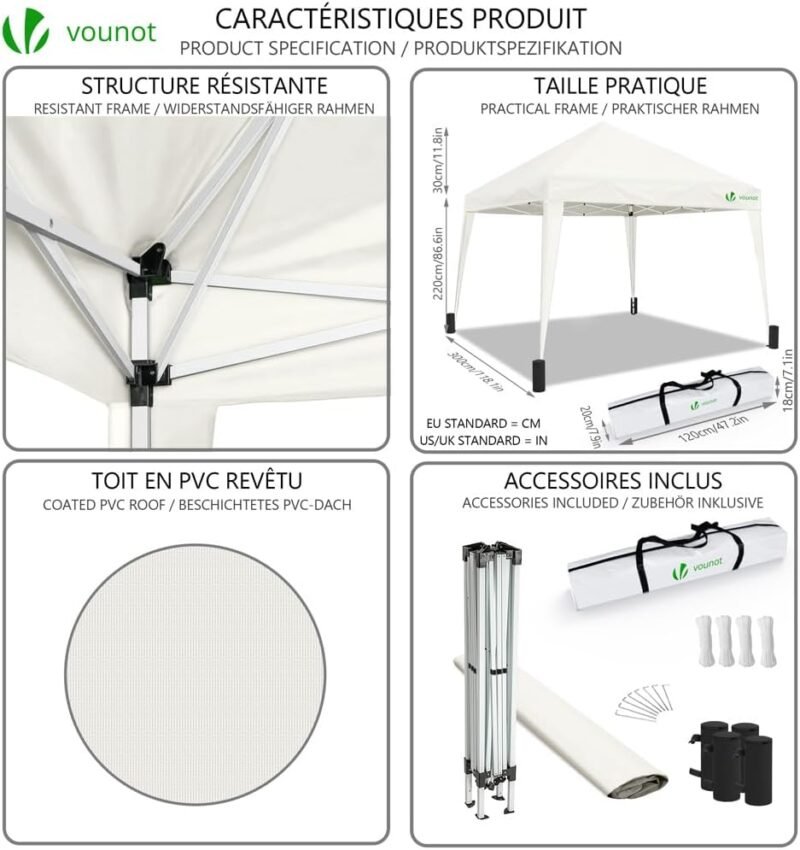 VOUNOT Gazebo Plegable Cenador 3x3 m con Bolsas de Arena, Pabellon de Jardin Pop Up, Blanco - Imagen 3