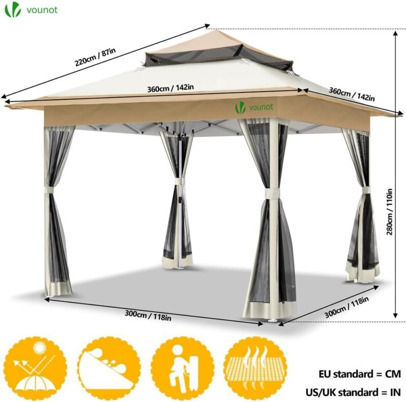 VOUNOT Carpa Plegable Gazebo 3.6x3.6m con Laterales de Malla, Cenador Pabellón Pop Up de Jardín Techo Doble y Bolsas de Arena, Protección UV, para Camping, Fiestas, Exterior, Beige - Imagen 5