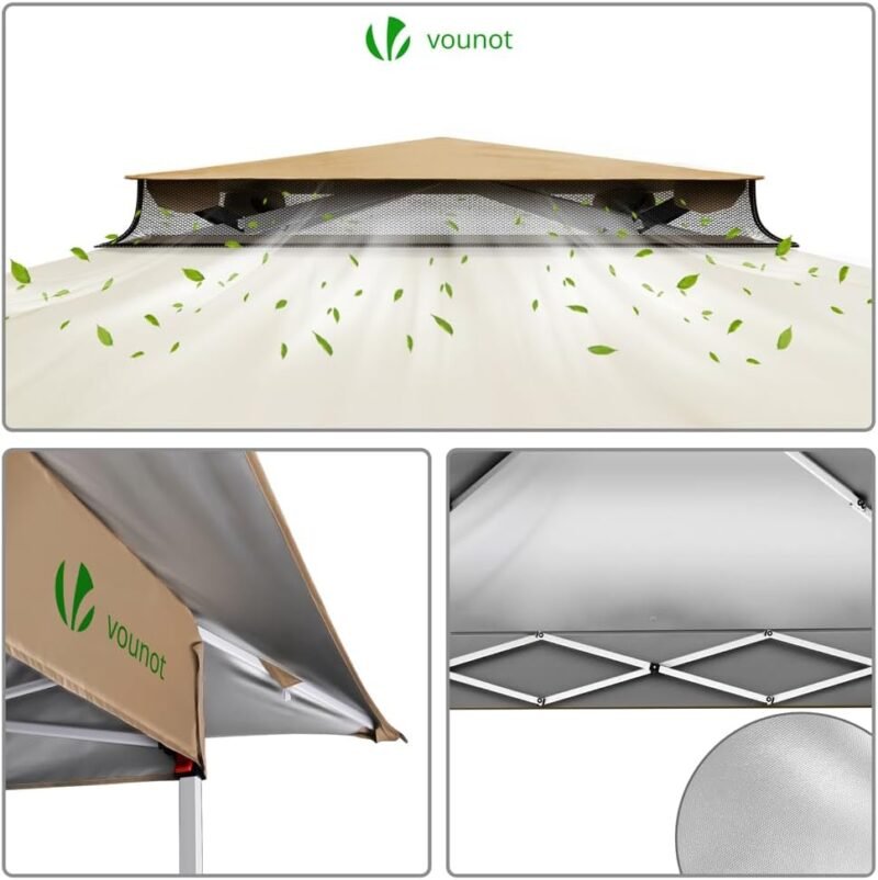 VOUNOT Carpa Plegable Gazebo 3.6x3.6m con Laterales de Malla, Cenador Pabellón Pop Up de Jardín Techo Doble y Bolsas de Arena, Protección UV, para Camping, Fiestas, Exterior, Beige - Imagen 6