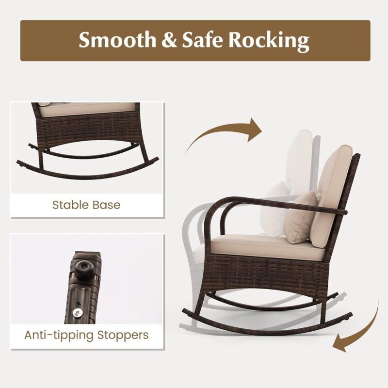Tangkula 3 Pieces Rocking Bistro Set, Patiojoy Outdoor PE Rattan Rocker Chairs with Removable Cushions & Tempered Glass Top Coffee Table, Outdoor Wicker Furniture Set for Porch, Garden (Brown) - Imagen 4