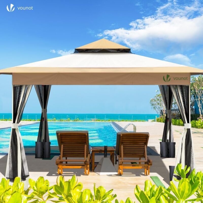 VOUNOT Carpa Plegable Gazebo 3.6x3.6m con Laterales de Malla, Cenador Pabellón Pop Up de Jardín Techo Doble y Bolsas de Arena, Protección UV, para Camping, Fiestas, Exterior, Beige - Imagen 2