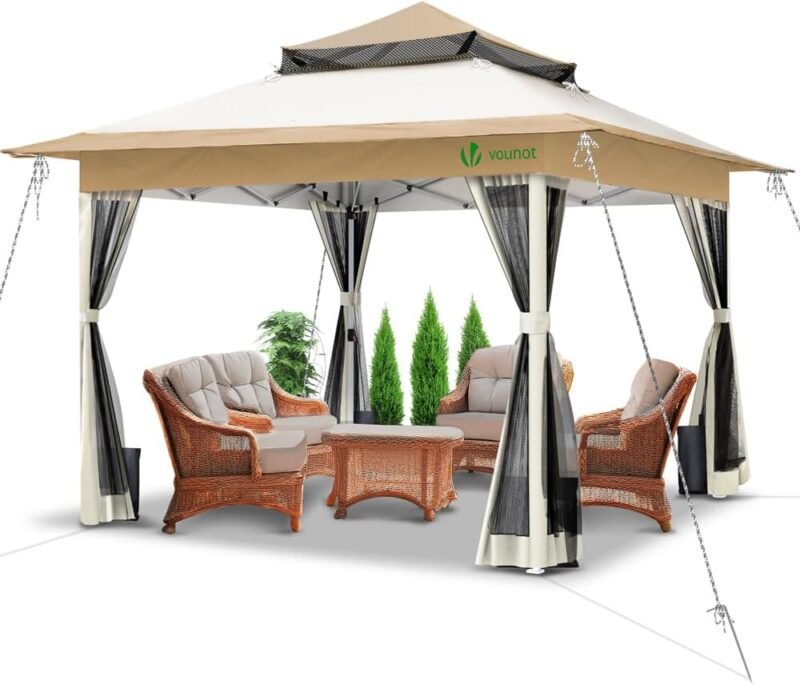 VOUNOT Carpa Plegable Gazebo 3.6x3.6m con Laterales de Malla, Cenador Pabellón Pop Up de Jardín Techo Doble y Bolsas de Arena, Protección UV, para Camping, Fiestas, Exterior, Beige