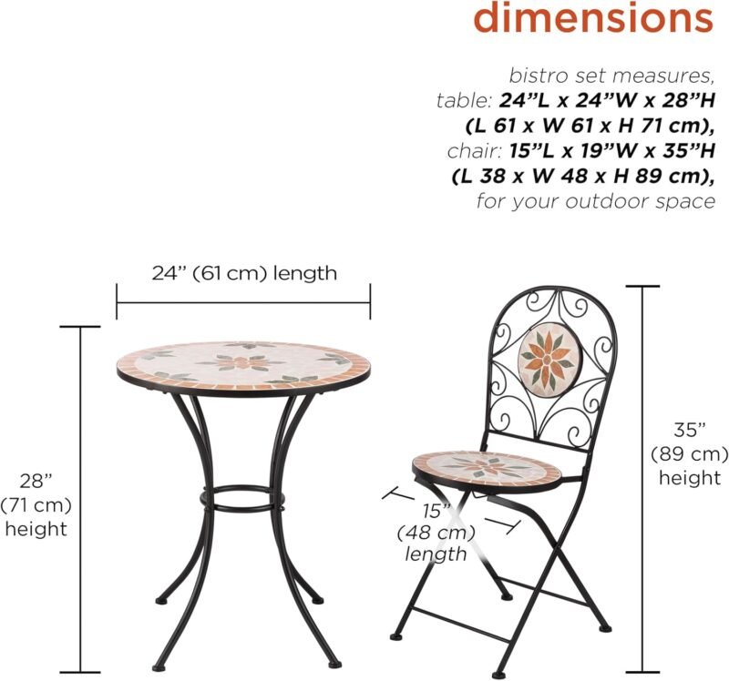 Alpine Corporation Indoor/Outdoor 3-Piece Mosaic Bistro Set Folding Table and Chairs Patio Seating, Tan - Imagen 4