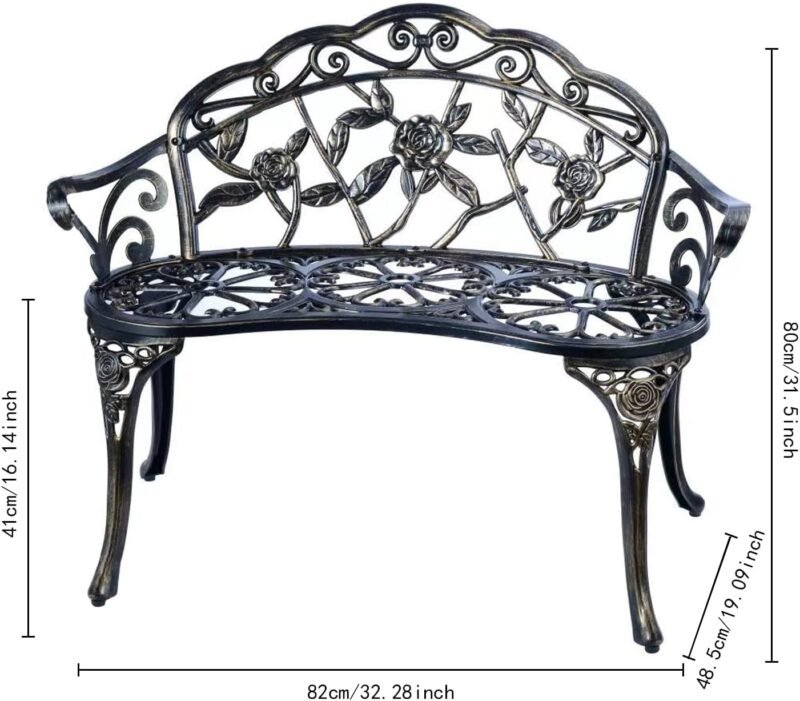 JARDIN DE CENTENNIAL Patio Garden Bench Metal Park Bench Cast Aluminum Outdoor Furniture with Floral Rose for Patio,Park,Lawn,Yard (Copper) - Imagen 5