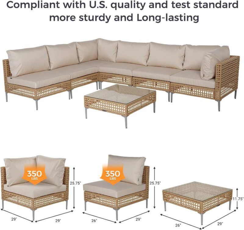 Grand patio 7-Piece Wicker Patio Furniture Set, Boho Outdoor Conversation Set Sectional Sofa with Water Resistant Thick Cushions and Coffee Table, Beige - Imagen 3