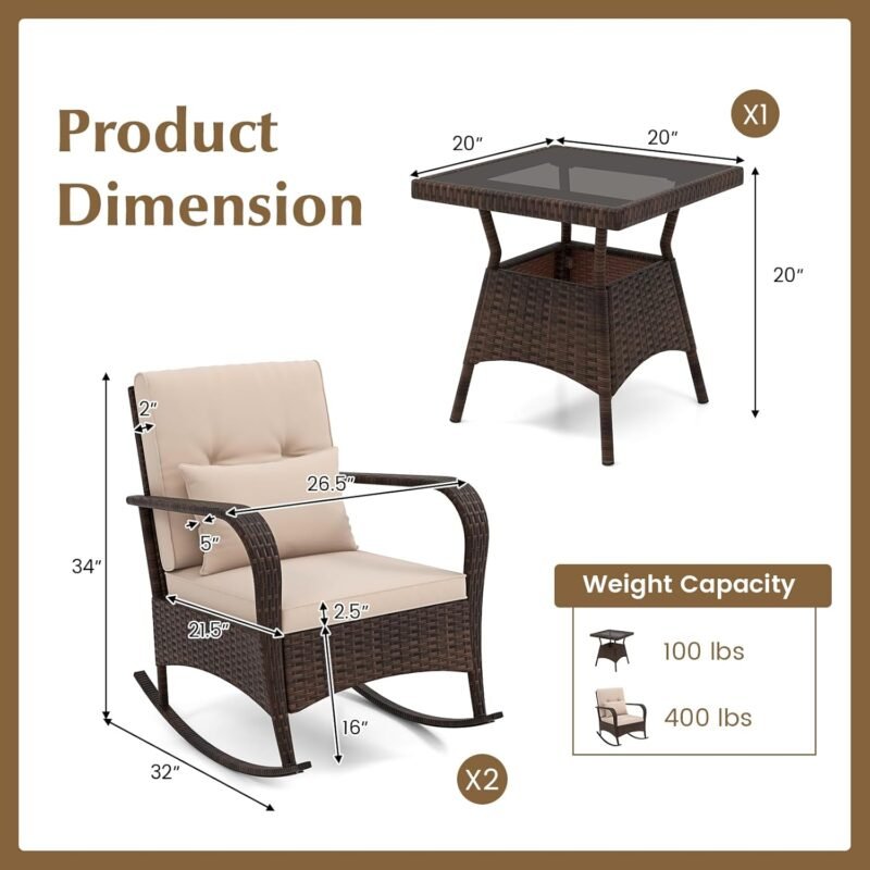 Tangkula 3 Pieces Rocking Bistro Set, Patiojoy Outdoor PE Rattan Rocker Chairs with Removable Cushions & Tempered Glass Top Coffee Table, Outdoor Wicker Furniture Set for Porch, Garden (Brown) - Imagen 9