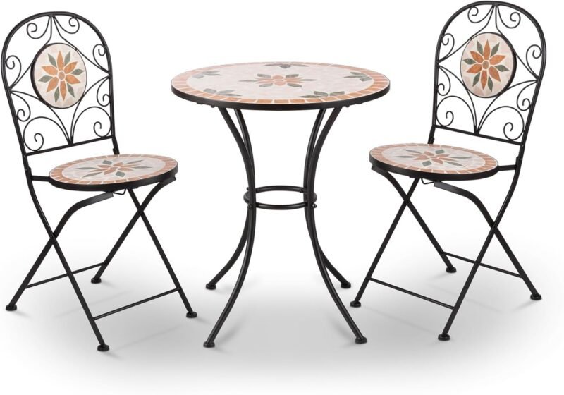 Alpine Corporation Indoor/Outdoor 3-Piece Mosaic Bistro Set Folding Table and Chairs Patio Seating, Tan - Imagen 3
