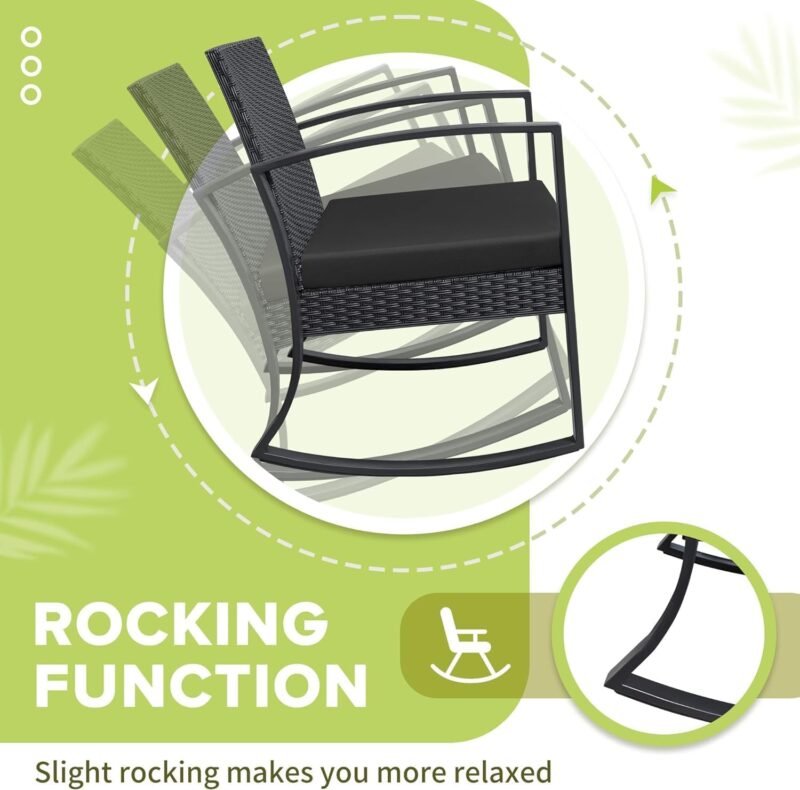 Homall Patio Furniture Set 3 Piece Resin Outdoor Bistro Set Rocking Patio Chairs with Cushions and Table for Porch, Poolside, Balcony and Yard (Black) - Imagen 4