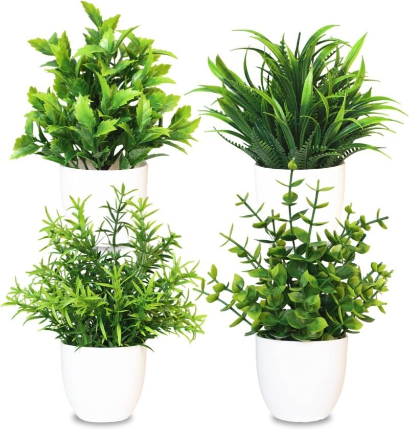 MEMOFYND 4 plantas artificiales, plantas artificiales, plantas de plástico, pequeñas plantas verdes en maceta para el hogar, dormitorio, cocina, decoración de oficina