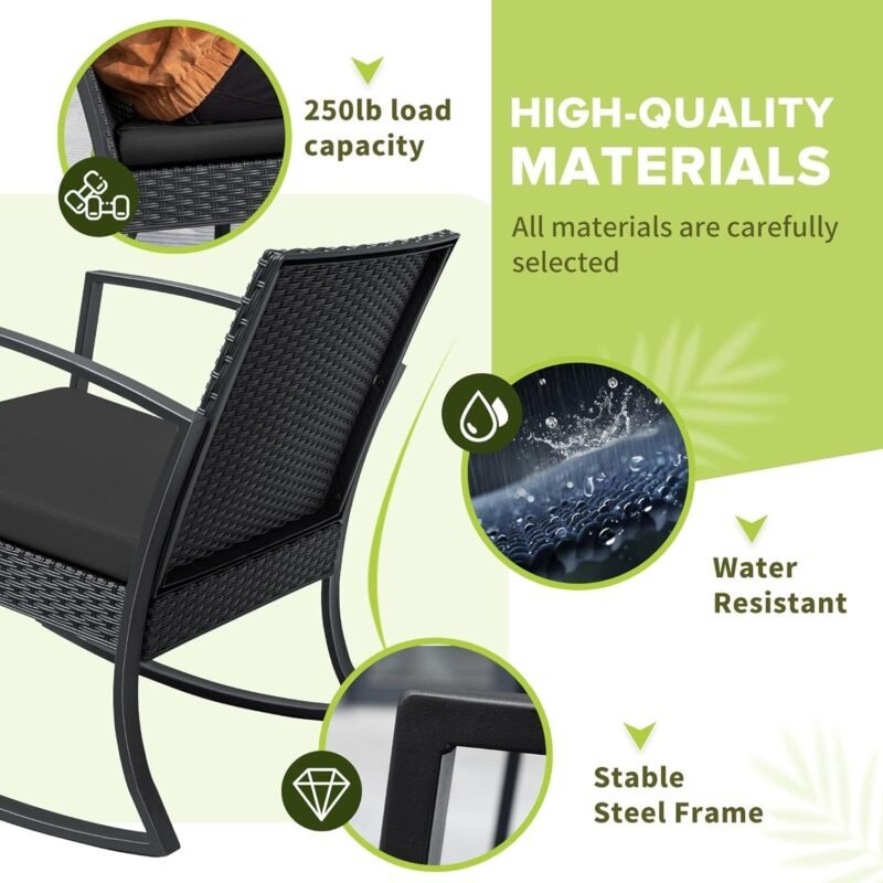 Homall Patio Furniture Set 3 Piece Resin Outdoor Bistro Set Rocking Patio Chairs with Cushions and Table for Porch, Poolside, Balcony and Yard (Black) - Imagen 3