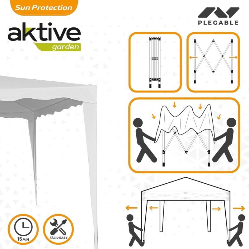 AKTIVE 62186 - Carpa Desmontable 300x300x250 Blanco, Toldos Exterior terraza, terraza, Playa o Camping, Pérgolas de jardín, Cenador fácil de Montar - Imagen 3