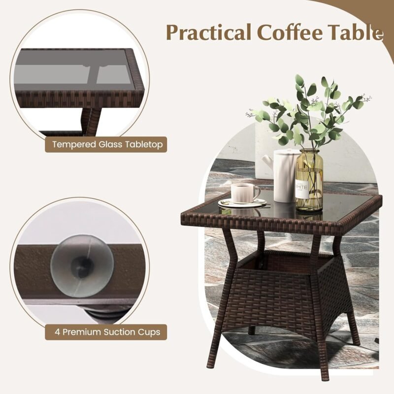 Tangkula 3 Pieces Rocking Bistro Set, Patiojoy Outdoor PE Rattan Rocker Chairs with Removable Cushions & Tempered Glass Top Coffee Table, Outdoor Wicker Furniture Set for Porch, Garden (Brown) - Imagen 6