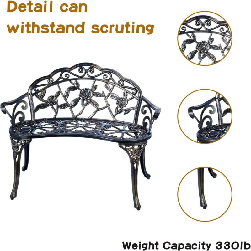 JARDIN DE CENTENNIAL Patio Garden Bench Metal Park Bench Cast Aluminum Outdoor Furniture with Floral Rose for Patio,Park,Lawn,Yard (Copper) - Imagen 4