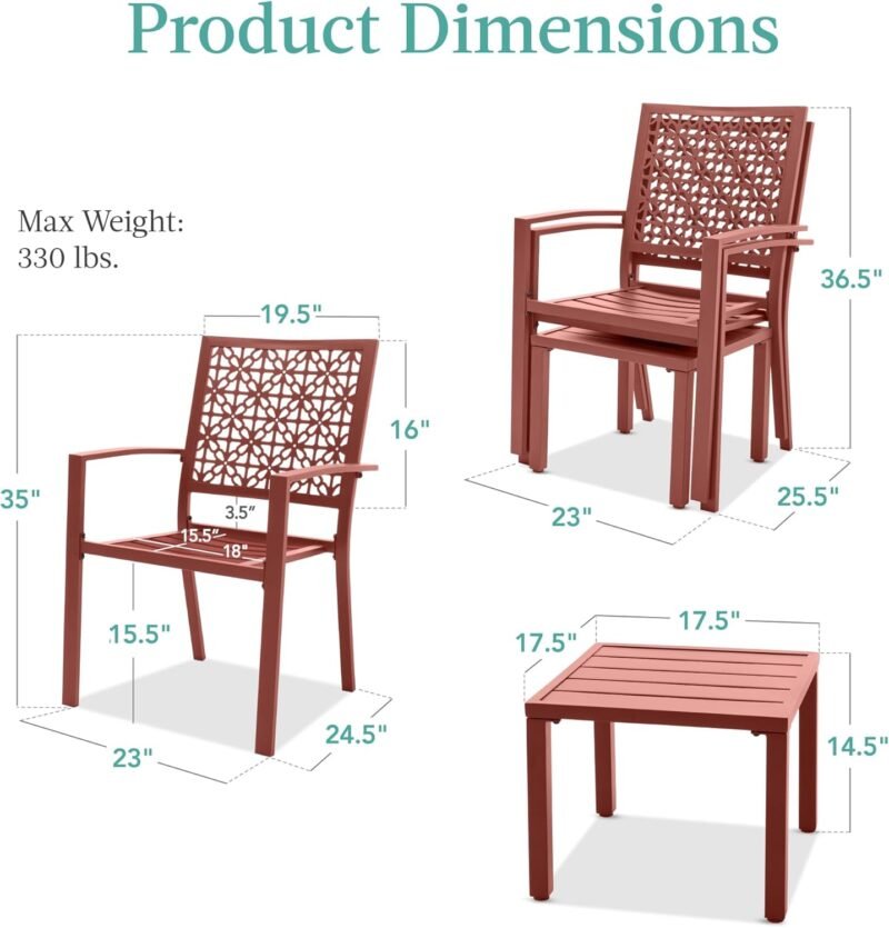 Best Choice Products 3-Piece Outdoor Bistro Set, Stackable Modern Steel Furniture for Porch, Garden w/ 2 Chairs, Table, Geometric Decor - Terra Cotta - Imagen 7