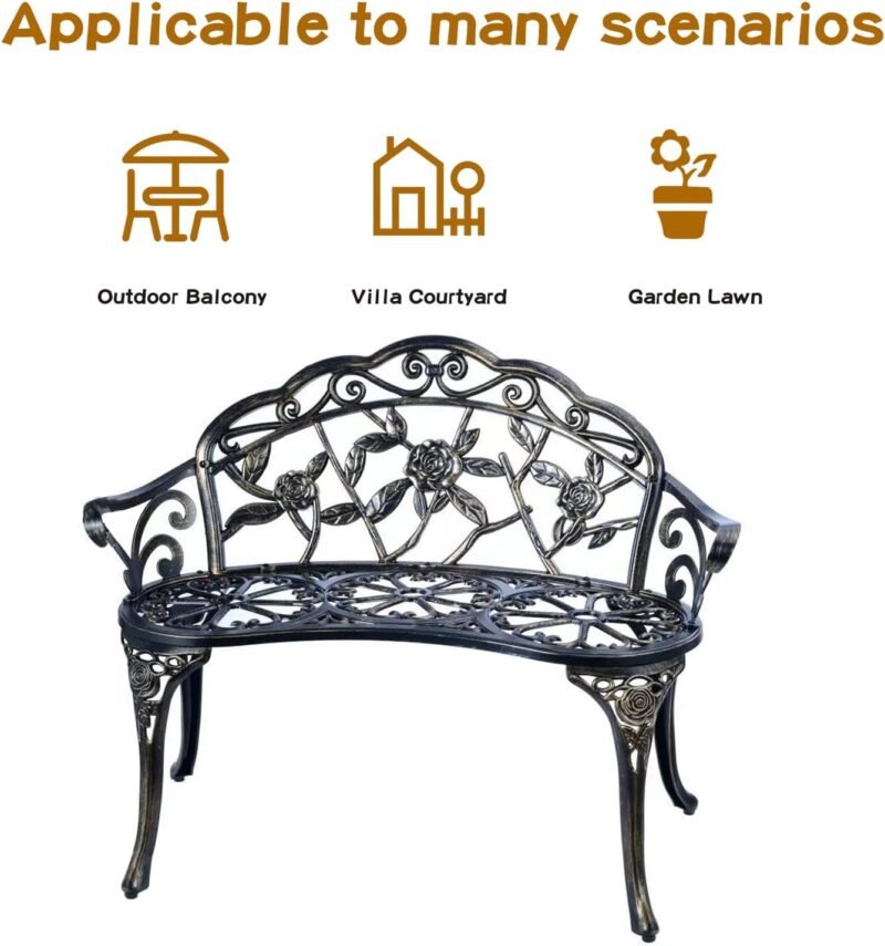 JARDIN DE CENTENNIAL Patio Garden Bench Metal Park Bench Cast Aluminum Outdoor Furniture with Floral Rose for Patio,Park,Lawn,Yard (Copper) - Imagen 2