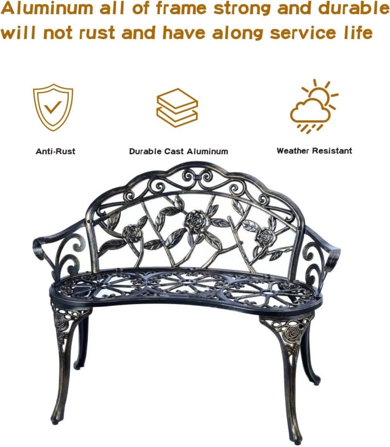 JARDIN DE CENTENNIAL Patio Garden Bench Metal Park Bench Cast Aluminum Outdoor Furniture with Floral Rose for Patio,Park,Lawn,Yard (Copper) - Imagen 3