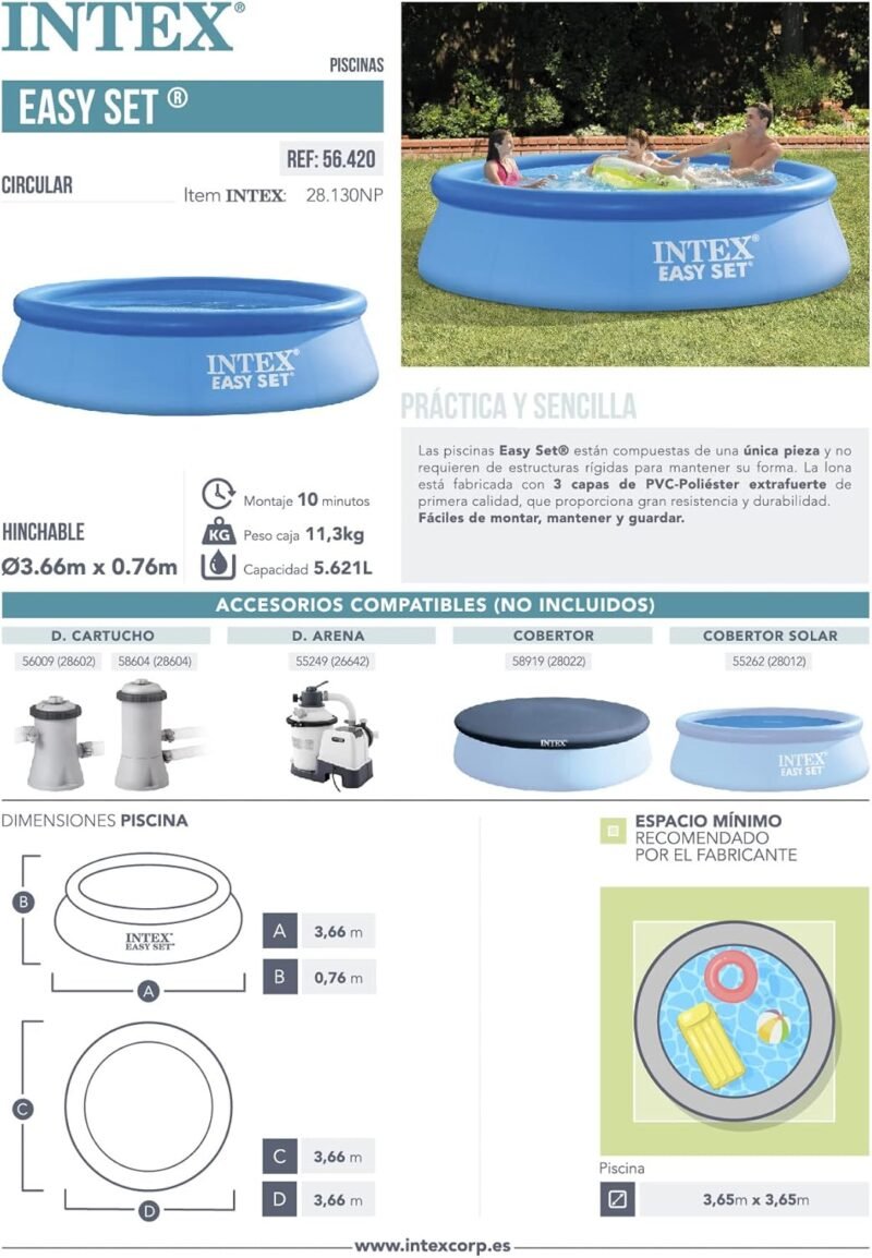 Intex 54402 - Piscina hinchable, Ø366x76 cm, 5.621 litros, Piscina redonda, Para 5 personas - Imagen 6