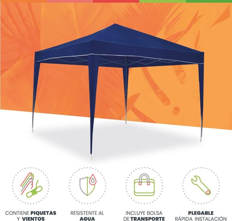 Carpa Plegable 3x3 m Classic Azul – Resistente al Agua - Incluye Vientos y Piquetas de Fijación - Estructura de Acero - Cenador para Jardín – Pérgola Playa - Exteriores Camping Fiestas Patio Terraza - Imagen 3
