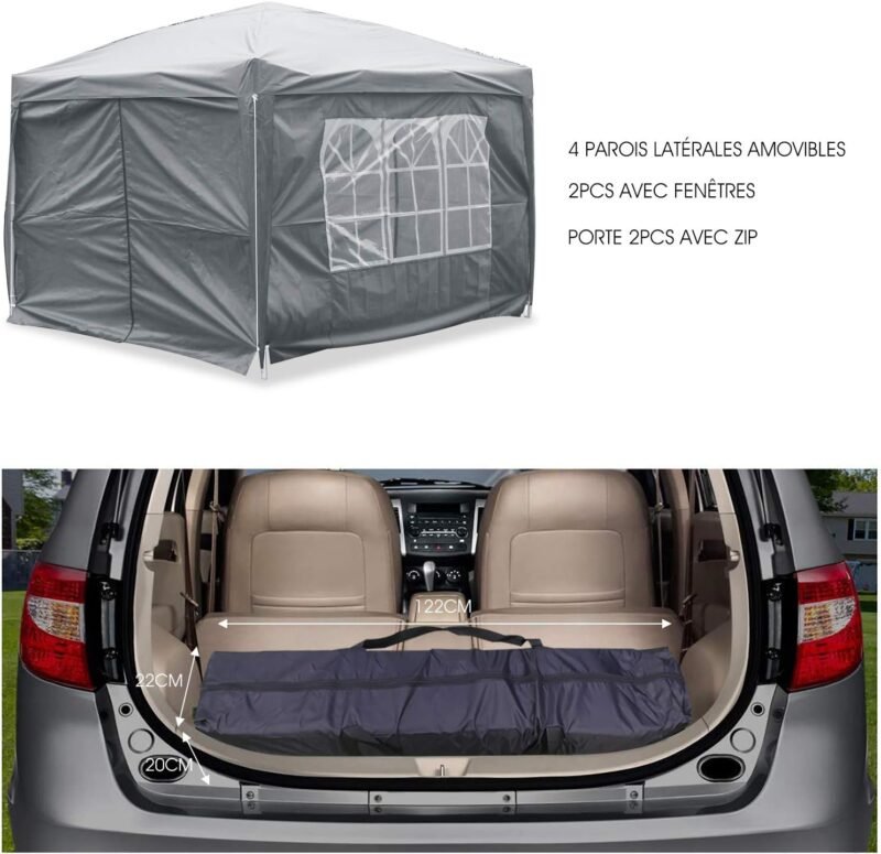 ISE Carpa de Jardín de 3 x 3 m Plegable, Cenador Robusto Impermeable, Garden Tent Resistente al Agua con 4 Paredes Laterales para Reception, Fiesta, Camping, Festival, Cerveza, Gris - Imagen 4