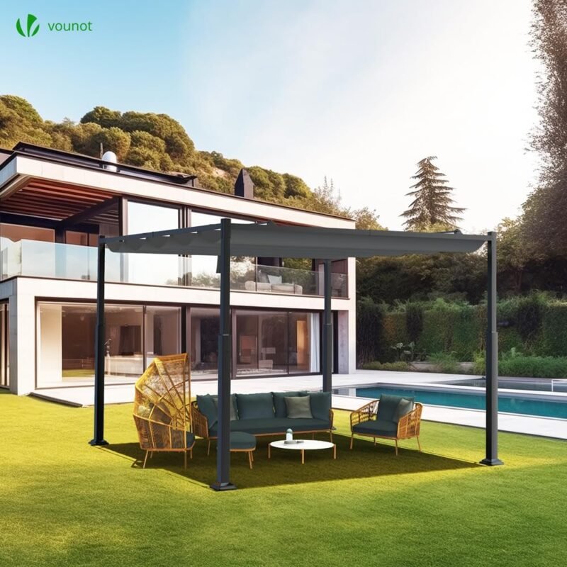 VOUNOT Pérgola Autoportante con Techo Retráctil 3x3m, Carpa Cenador Estructura Metálica, Lona Corredera Poliéster 180g/m², Refugio Pabellón de Jardín Diseño Elegante para Terraza Patio Exterior Gris - Imagen 2