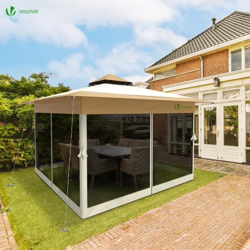VOUNOT Carpa Plegable Gazebo 3.6x3.6m con Laterales de Malla, Cenador Pabellón Pop Up de Jardín Techo Doble y Bolsas de Arena, Protección UV, para Camping, Fiestas, Exterior, Beige - Imagen 3