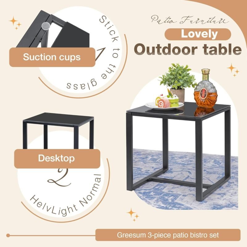 Greesum 3 Pieces Outdoor Furniture Set Patio Bistro Rocking Chairs with Glass Coffee Table for Pool Beach Backyard Balcony Porch Deck Garden, Gray - Imagen 7