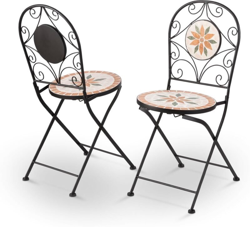 Alpine Corporation Indoor/Outdoor 3-Piece Mosaic Bistro Set Folding Table and Chairs Patio Seating, Tan - Imagen 9