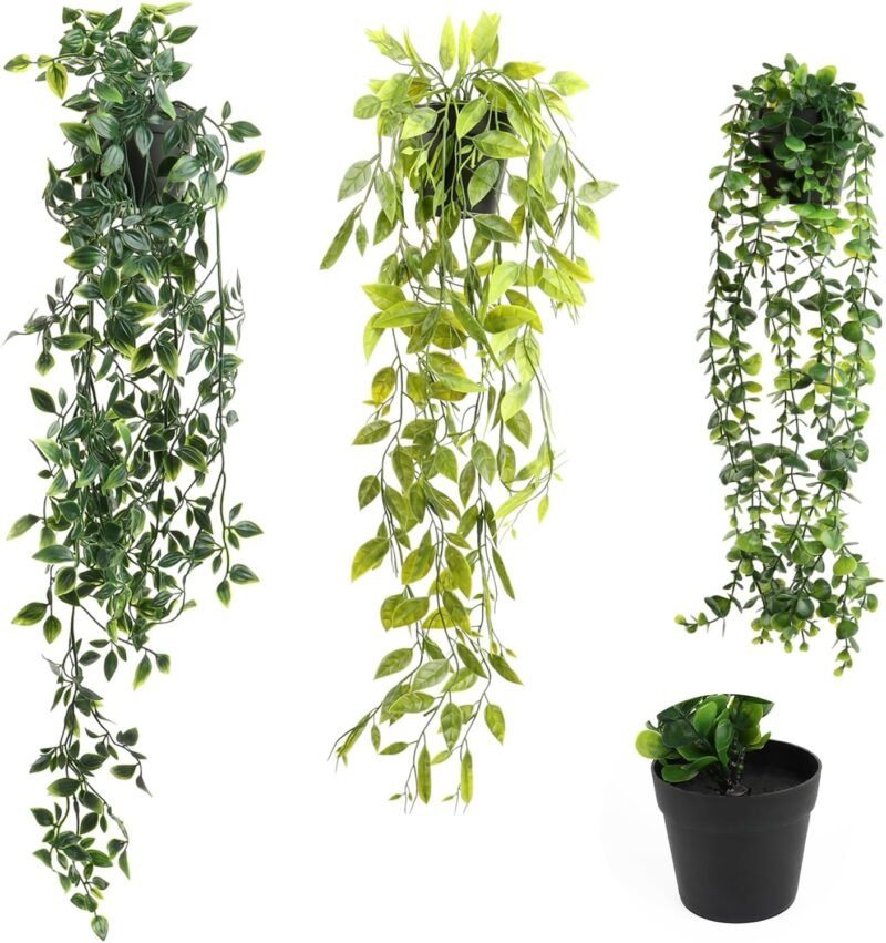VFANDV Plantas Artificiales Colgantes 3 Piezas, Plantas Colgantes Hiedra Verde Artificial con Macetas Interior Plantas Artificiales Decorativas para Sala de Estar Balcón Jardín (Verde + Amarillo)