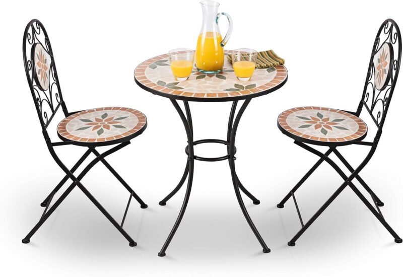 Alpine Corporation Indoor/Outdoor 3-Piece Mosaic Bistro Set Folding Table and Chairs Patio Seating, Tan