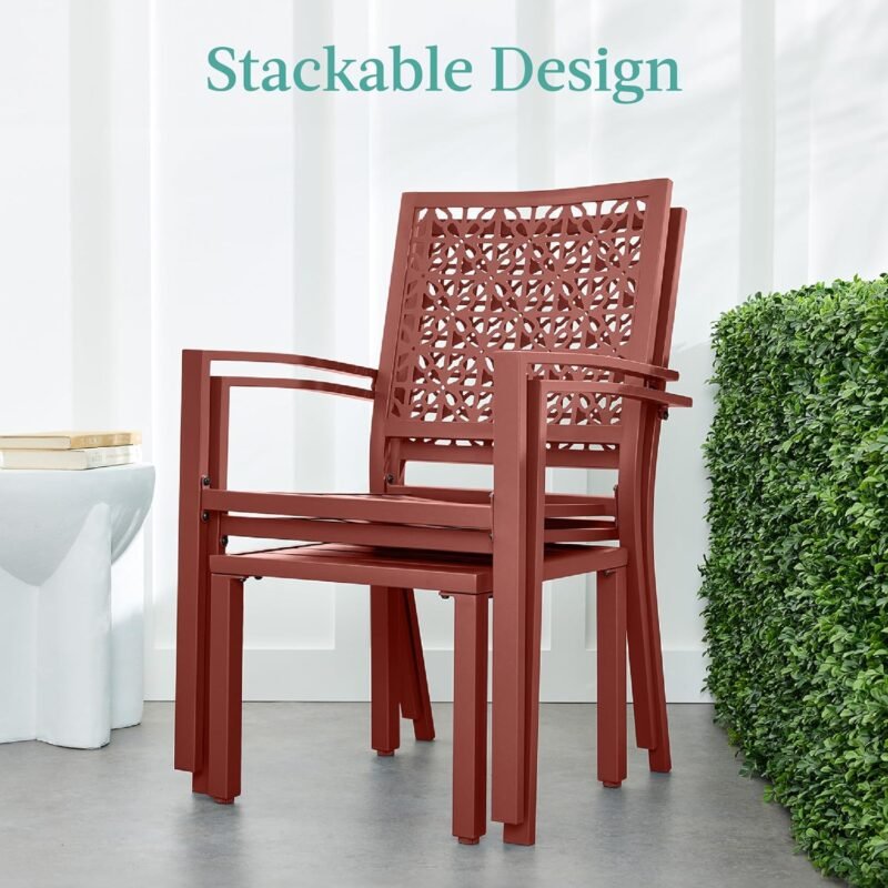 Best Choice Products 3-Piece Outdoor Bistro Set, Stackable Modern Steel Furniture for Porch, Garden w/ 2 Chairs, Table, Geometric Decor - Terra Cotta - Imagen 4