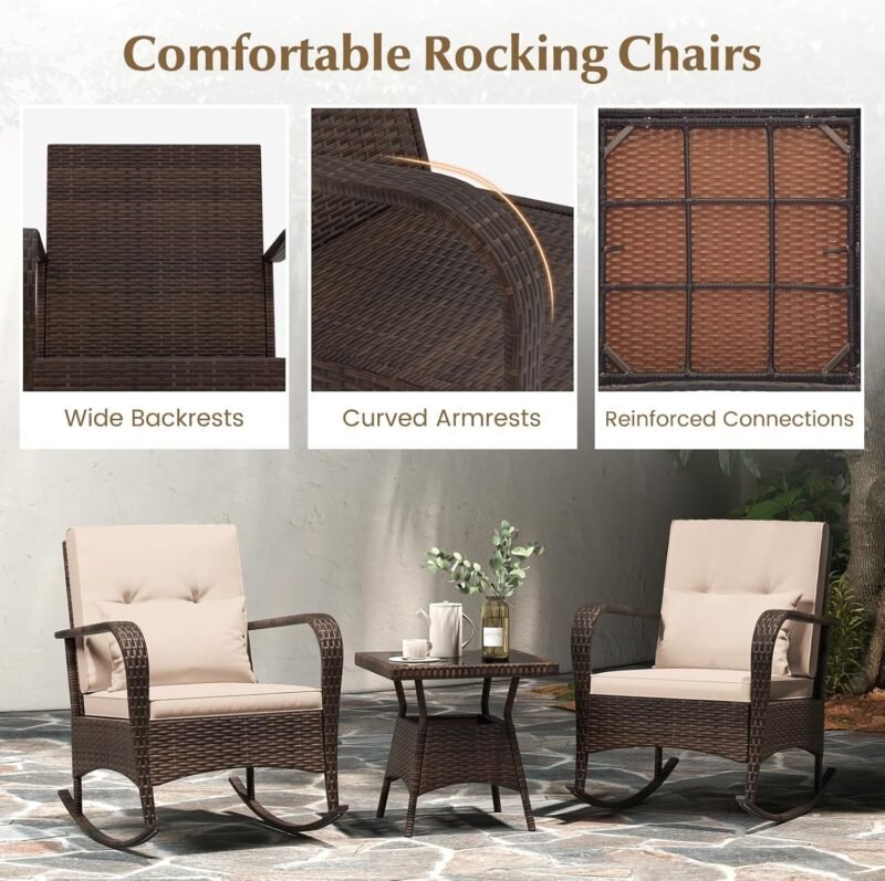 Tangkula 3 Pieces Rocking Bistro Set, Patiojoy Outdoor PE Rattan Rocker Chairs with Removable Cushions & Tempered Glass Top Coffee Table, Outdoor Wicker Furniture Set for Porch, Garden (Brown) - Imagen 7