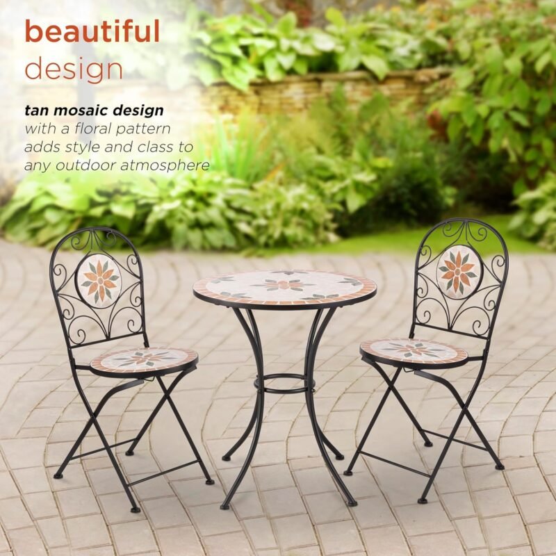 Alpine Corporation Indoor/Outdoor 3-Piece Mosaic Bistro Set Folding Table and Chairs Patio Seating, Tan - Imagen 7