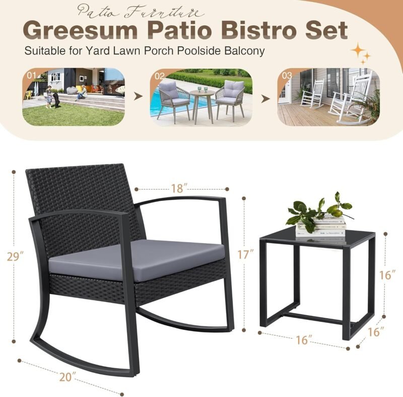 Greesum 3 Pieces Outdoor Furniture Set Patio Bistro Rocking Chairs with Glass Coffee Table for Pool Beach Backyard Balcony Porch Deck Garden, Gray - Imagen 4