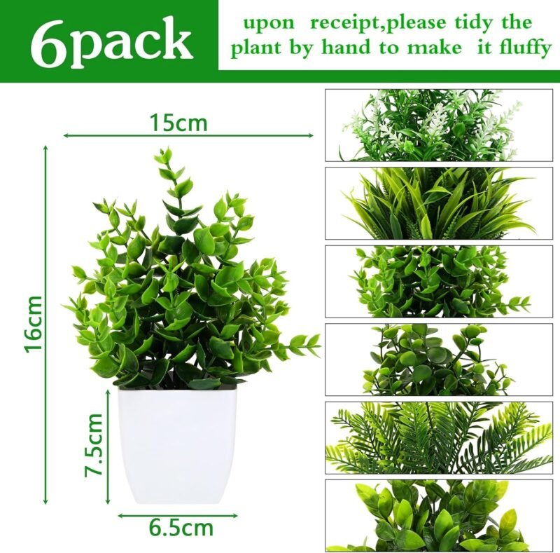 Royouzi 6 plantas artificiales, pequeñas plantas artificiales en maceta, plantas artificiales de plástico para dormitorio, baño, cocina, hogar, decoración interior con maceta, plantas falsas de - Imagen 2