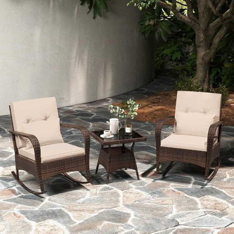 Tangkula 3 Pieces Rocking Bistro Set, Patiojoy Outdoor PE Rattan Rocker Chairs with Removable Cushions & Tempered Glass Top Coffee Table, Outdoor Wicker Furniture Set for Porch, Garden (Brown) - Imagen 2