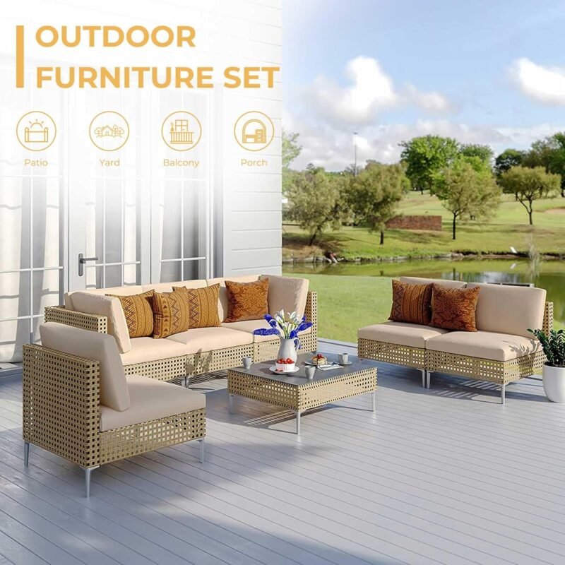 Grand patio 7-Piece Wicker Patio Furniture Set, Boho Outdoor Conversation Set Sectional Sofa with Water Resistant Thick Cushions and Coffee Table, Beige - Imagen 2