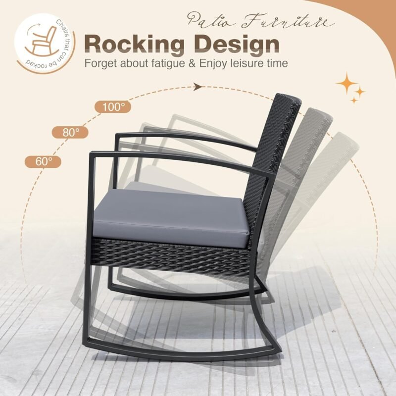 Greesum 3 Pieces Outdoor Furniture Set Patio Bistro Rocking Chairs with Glass Coffee Table for Pool Beach Backyard Balcony Porch Deck Garden, Gray - Imagen 5