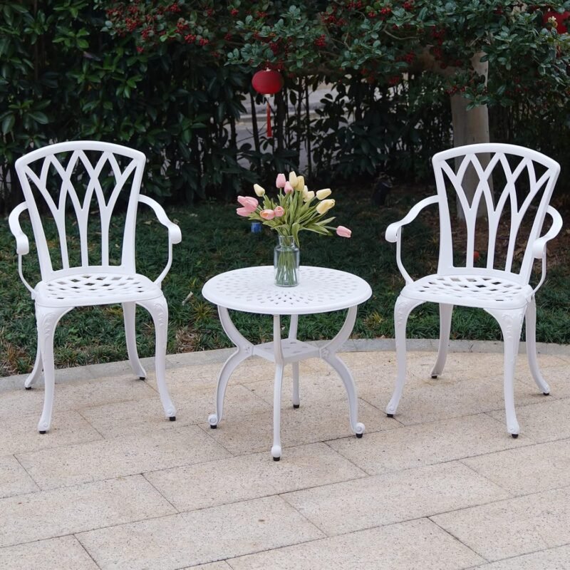 Jardin DE CENTENNAIL 3-Piece Outdoor Bistro Set Cast Aluminum Rust-Resistant Patio Furniture Armchairs Design (White) - Imagen 7