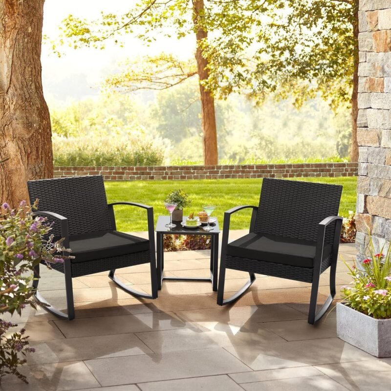 Homall Patio Furniture Set 3 Piece Resin Outdoor Bistro Set Rocking Patio Chairs with Cushions and Table for Porch, Poolside, Balcony and Yard (Black) - Imagen 2