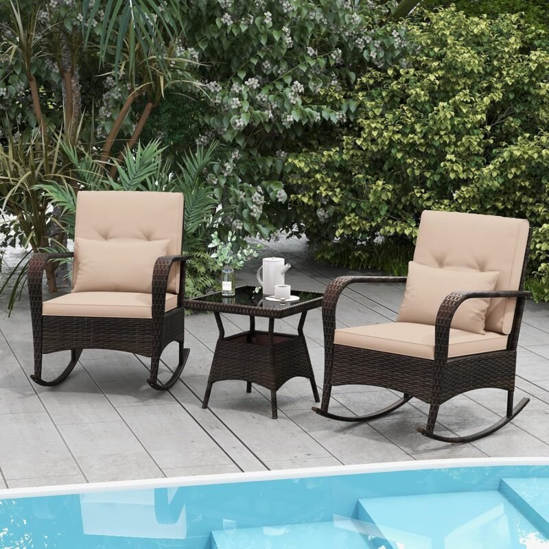 Tangkula 3 Pieces Rocking Bistro Set, Patiojoy Outdoor PE Rattan Rocker Chairs with Removable Cushions & Tempered Glass Top Coffee Table, Outdoor Wicker Furniture Set for Porch, Garden (Brown) - Imagen 3