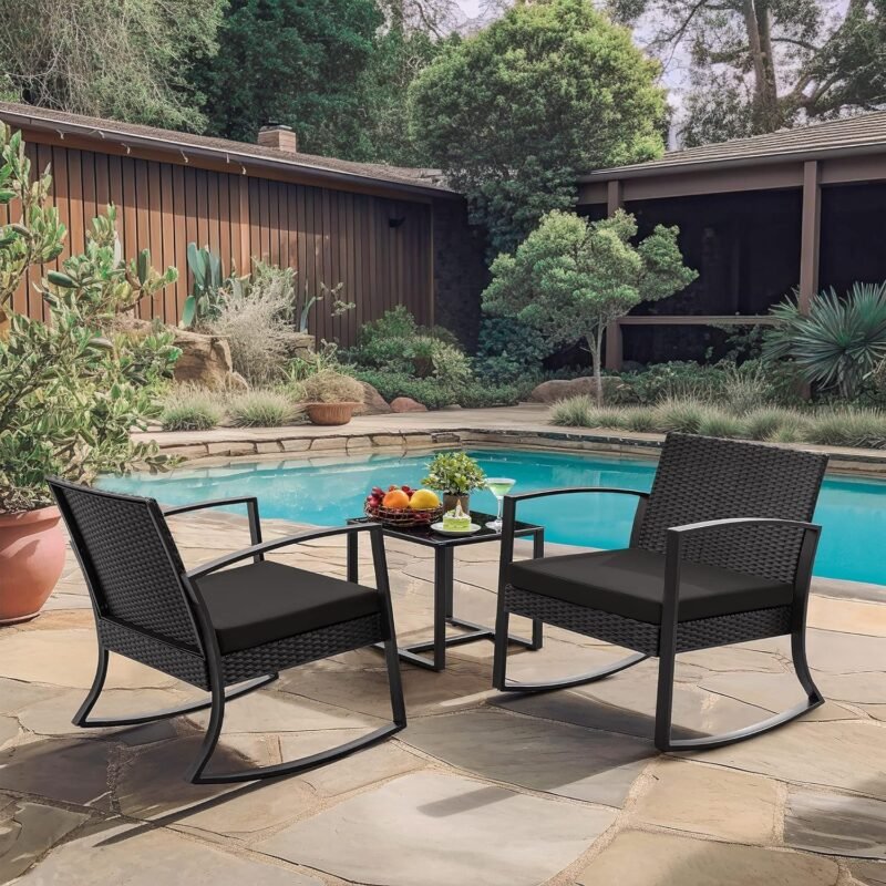 Homall Patio Furniture Set 3 Piece Resin Outdoor Bistro Set Rocking Patio Chairs with Cushions and Table for Porch, Poolside, Balcony and Yard (Black) - Imagen 5