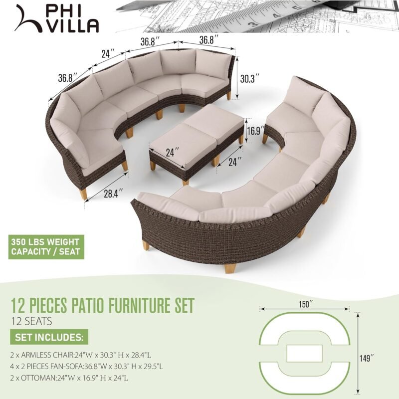 PHI VILLA 12 Pieces Patio Conversation Set Half Moon Wicker Outdoor Furniture Sofa Set Curved Circle Rattan Sofa for Garden - Imagen 7